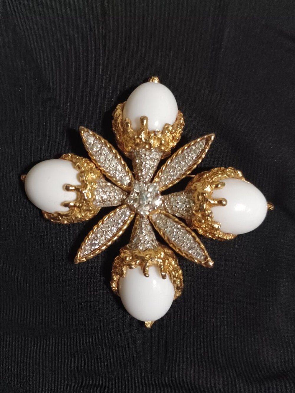 Vintage Jomaz Maltese Cross Milk Glass & Rhinestone Goldtone Brooch